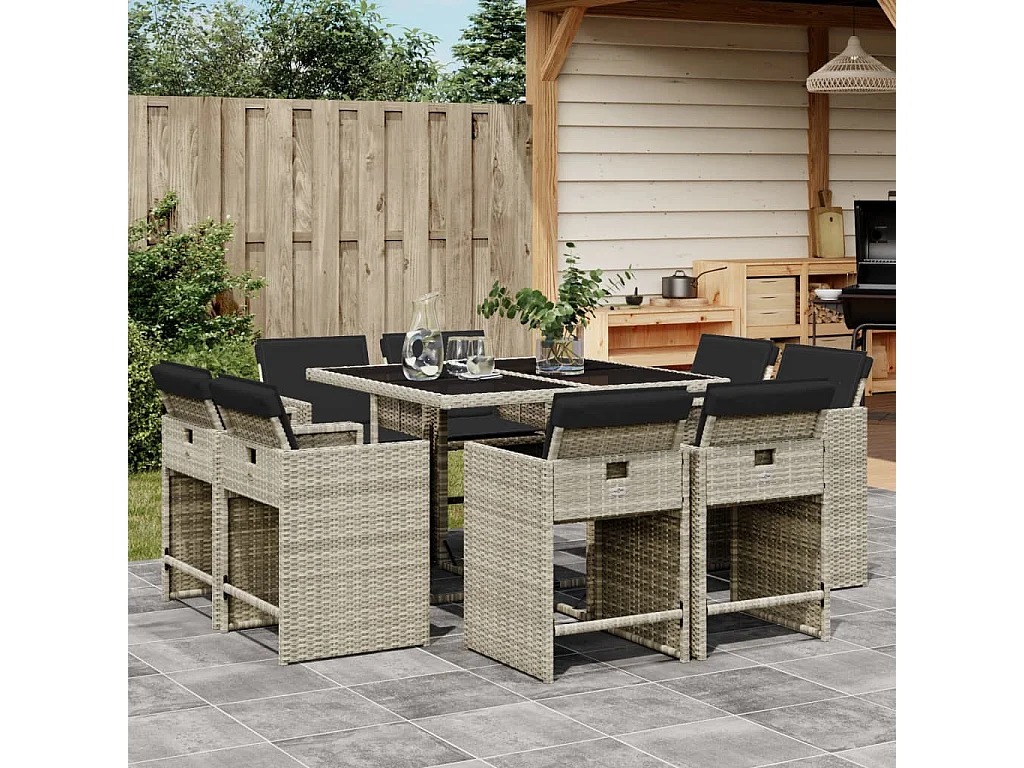Ensemble à manger de jardin et coussins 9 pcs gris clair rotin