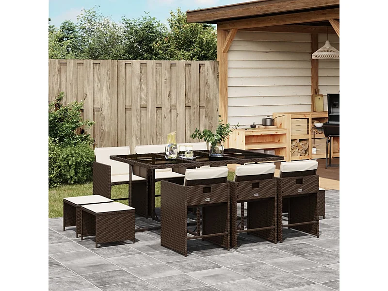 Ensemble à manger de jardin et coussins 11 pcs marron rotin