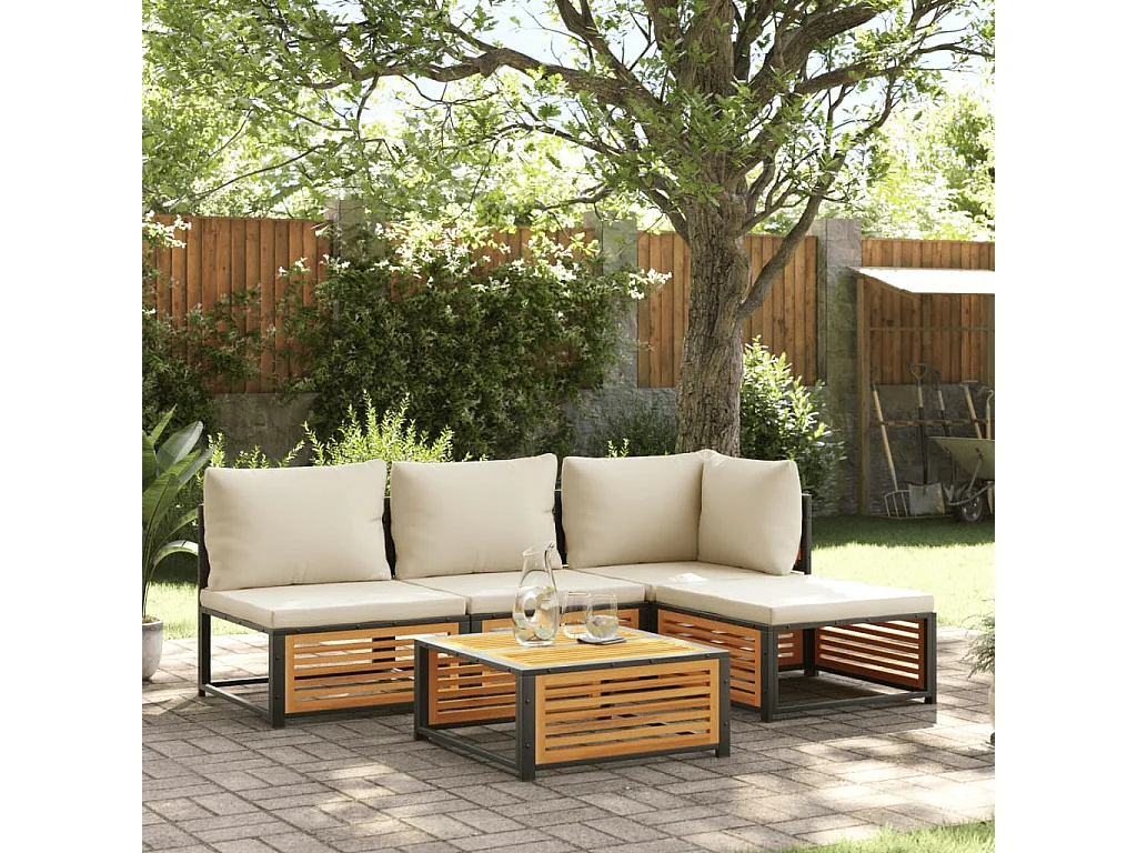 Salon de jardin avec coussins 5 pcs Bois d'acacia solide