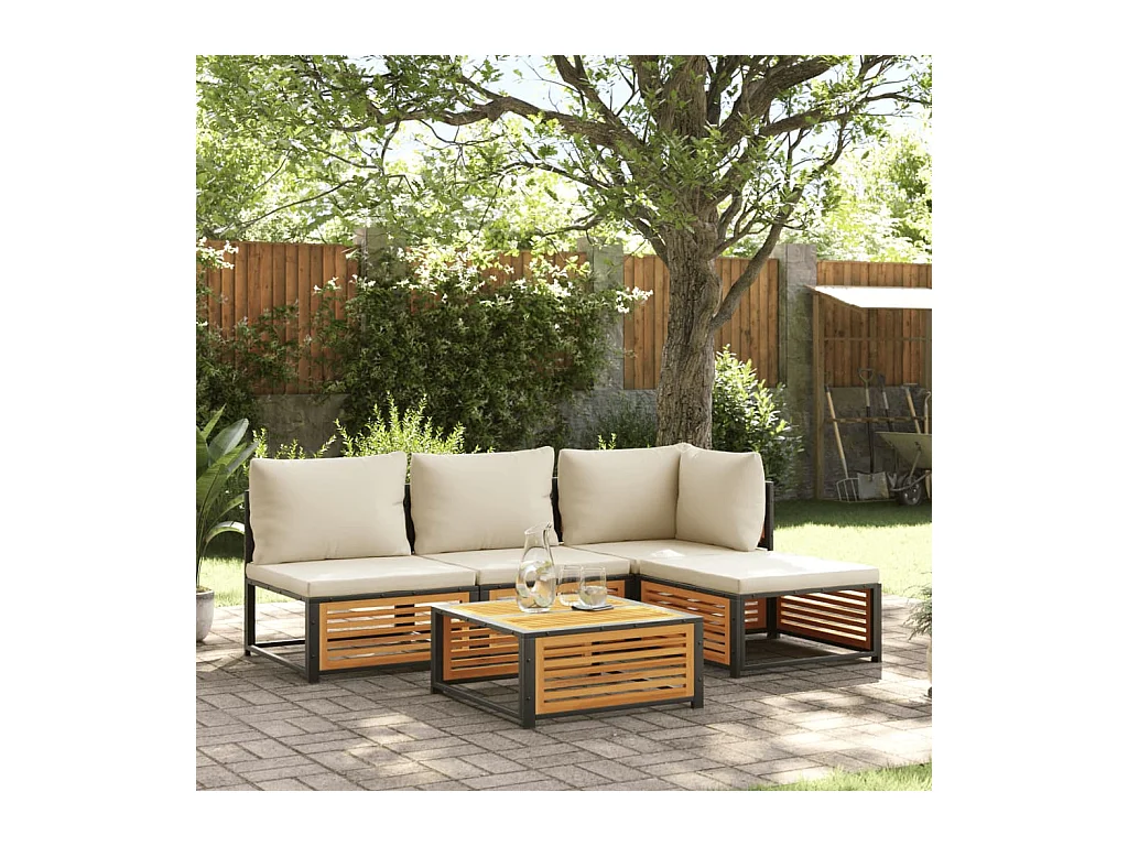 Salon de jardin avec coussins 5 pcs Bois d'acacia solide