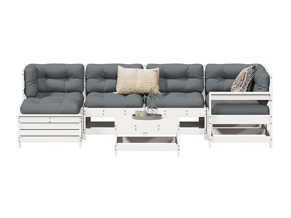 Set Divani da Giardino 7 pz Bianco in Legno Massello di Pino