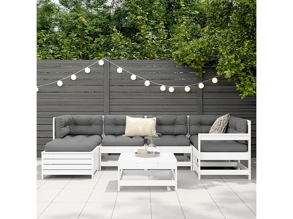 Salon de jardin 7 pcs blanc bois de pin massif