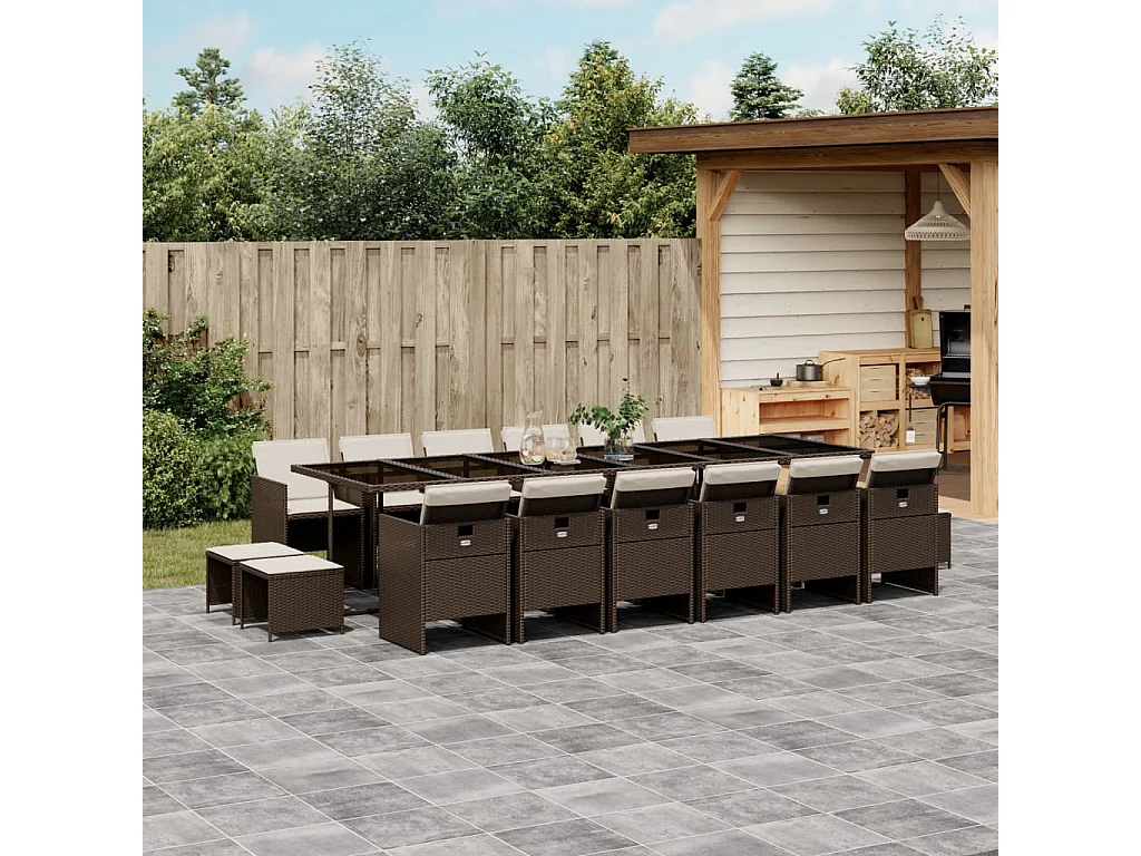 Set da Pranzo da Giardino 17 pz con Cuscini Marrone Polyrattan