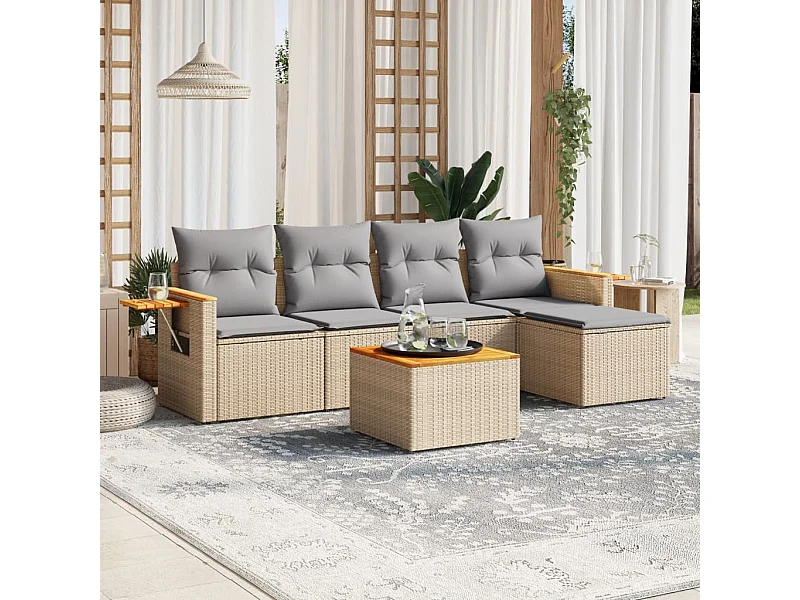 Salon de jardin avec coussins 6 pcs beige résine tressée