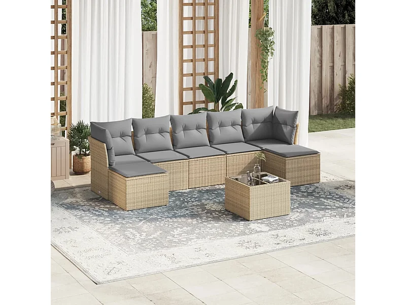 Salon de jardin avec coussins 8 pcs beige résine tressée