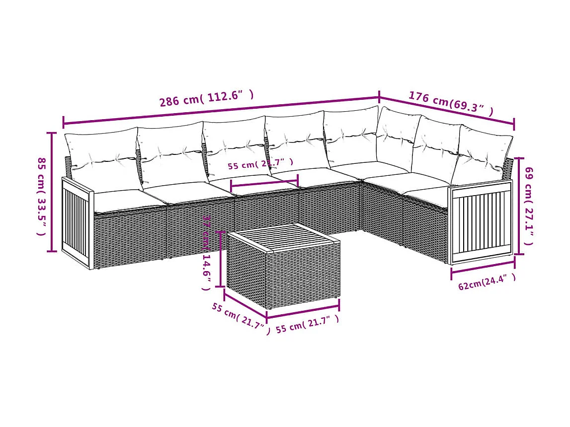 8-tlg. Garten-Sofagarnitur mit Kissen Schwarz Poly Rattan