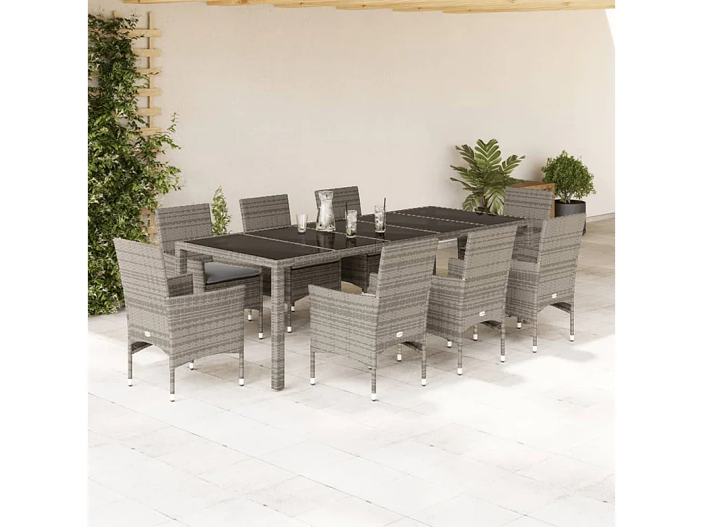 9-tlg. Garten-Essgruppe mit Kissen Grau Poly Rattan und Glas