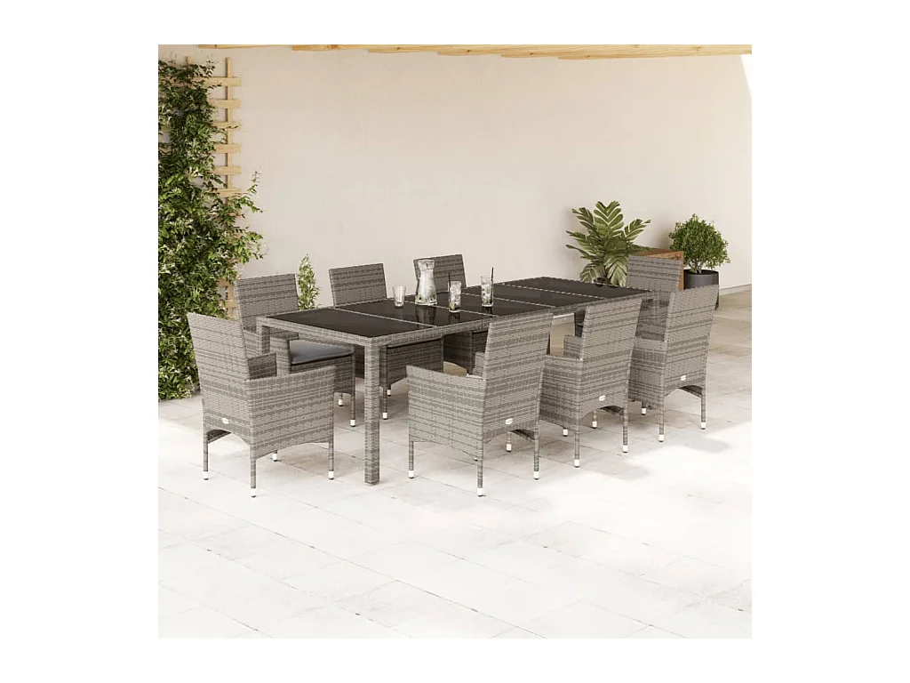 Set comedor jardín 9 pzas y cojines ratán sintético vidrio gris