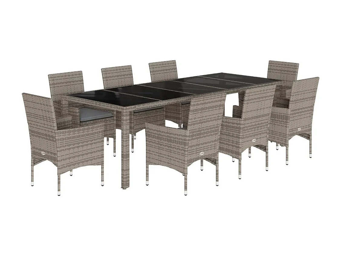 Ensemble à manger de jardin et coussins 9 pcs gris rotin verre