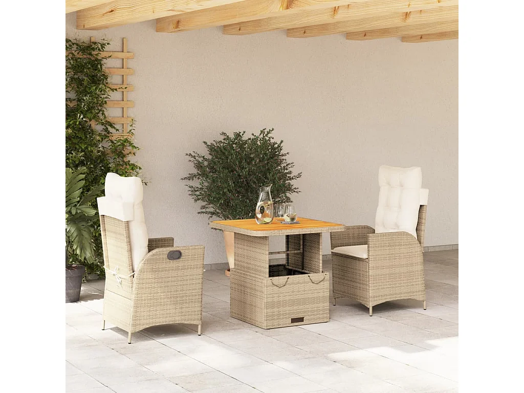 Ensemble à manger de jardin et coussins 3 pcs Beige poly rotin
