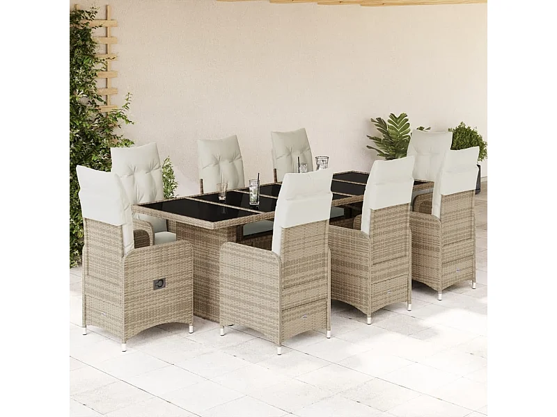 9 pcs conjunto de bistrô para jardim c/ almofadões vime PE bege