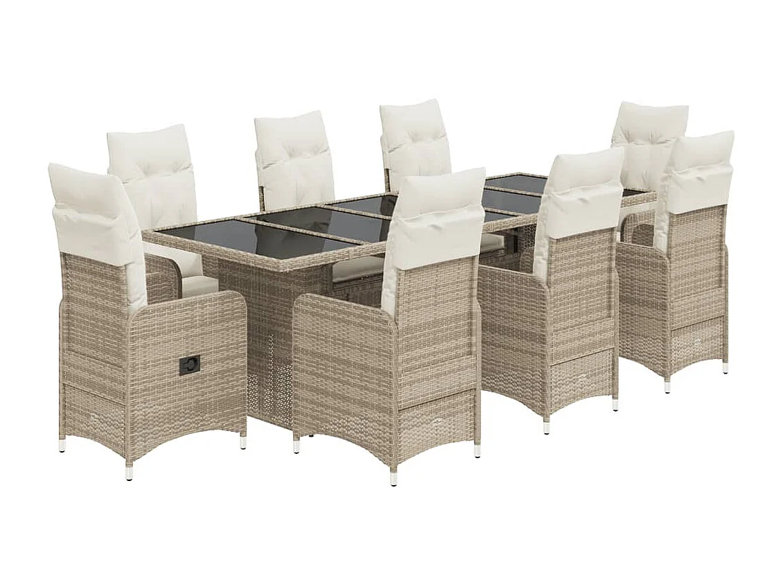 9 pcs conjunto de bistrô para jardim c/ almofadões vime PE bege