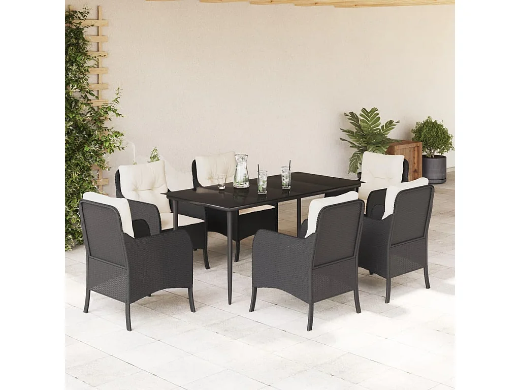 Ensemble à manger de jardin coussins 7pcs Noir Résine tressée