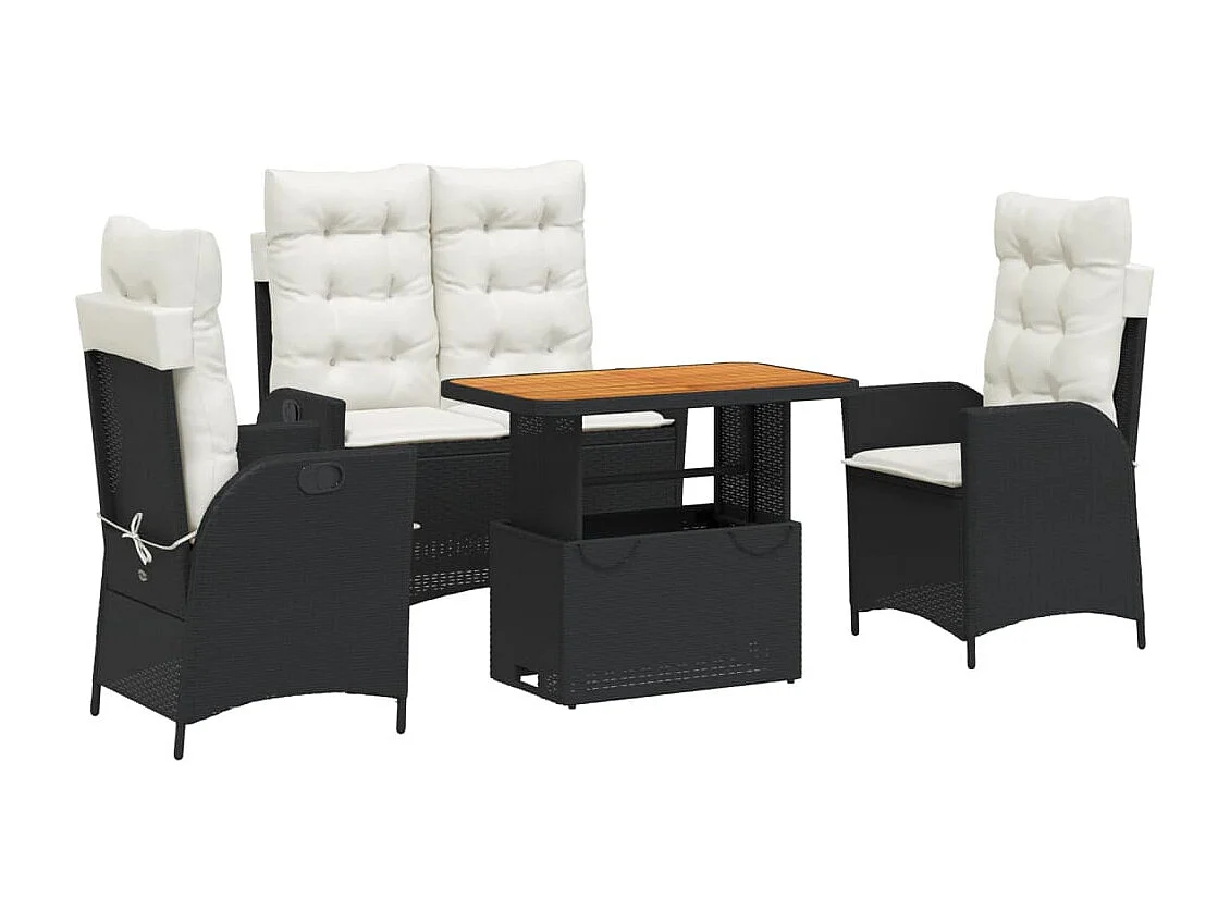 4 pcs conjunto de jardim p/ jardim c/ almofadões vime PE preto