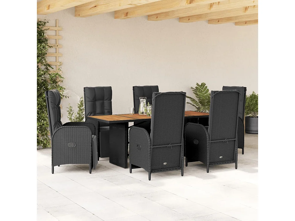 Set da Pranzo da Giardino 7 pz Nero con Cuscini in Polyrattan