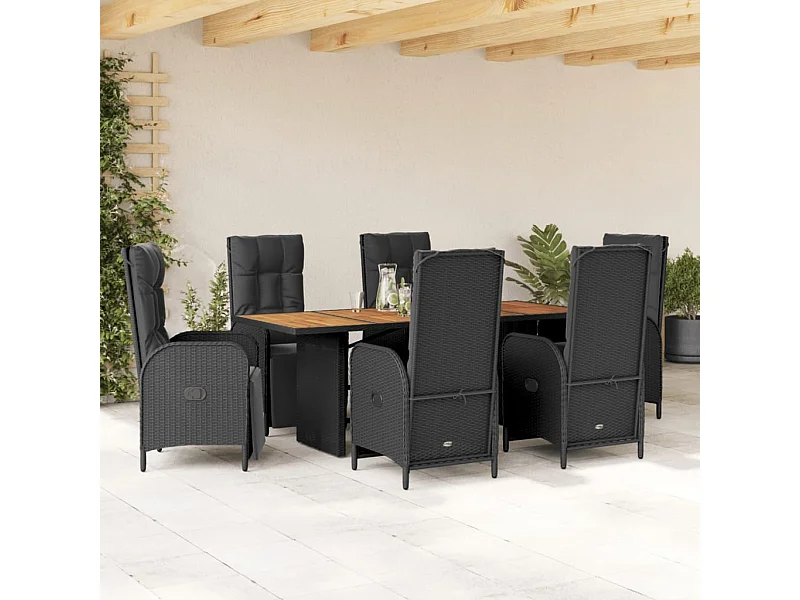 Ensemble à manger de jardin coussins 7pcs Noir Résine tressée