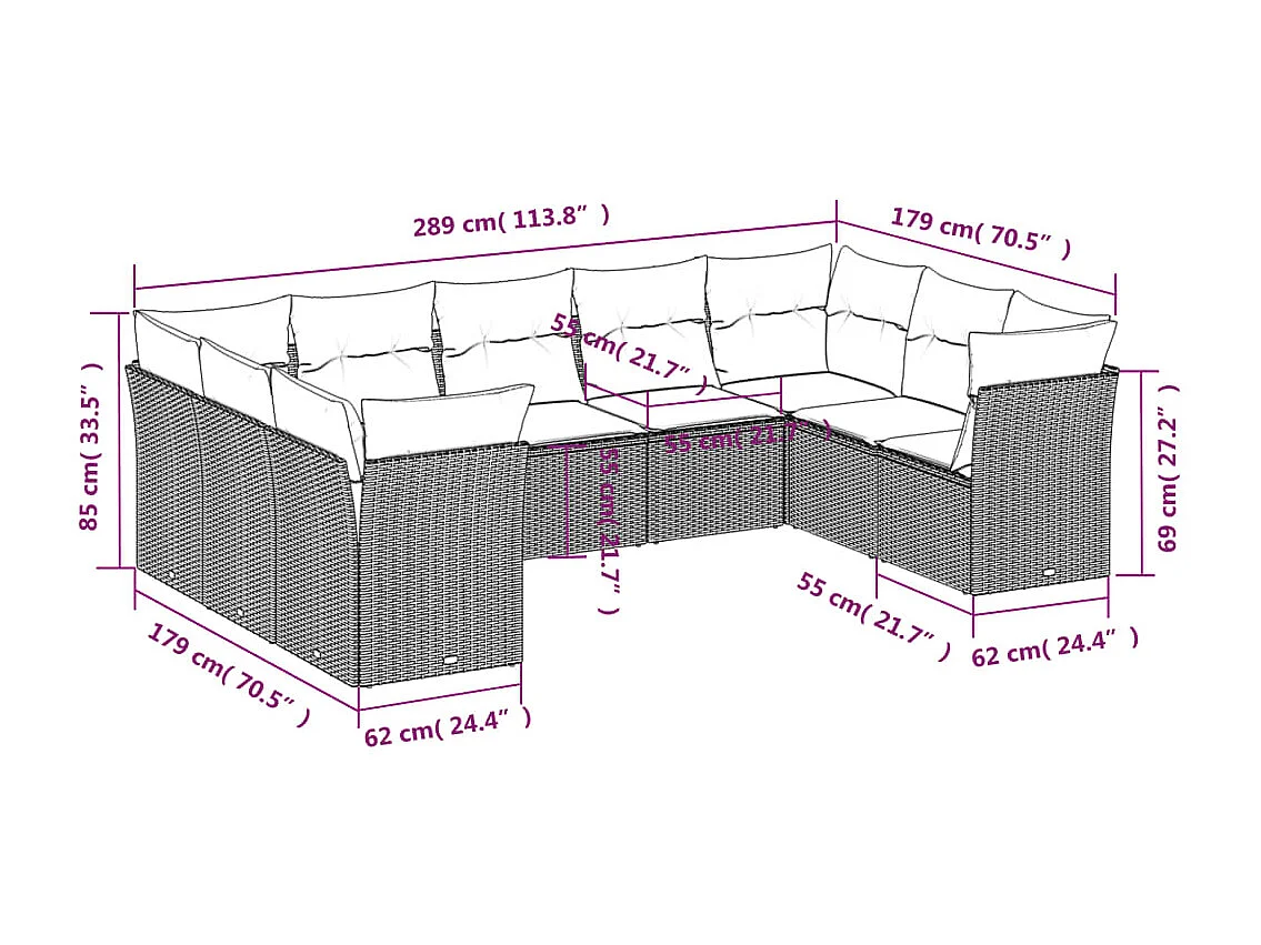 9-tlg. Garten-Sofagarnitur mit Kissen Schwarz Poly Rattan
