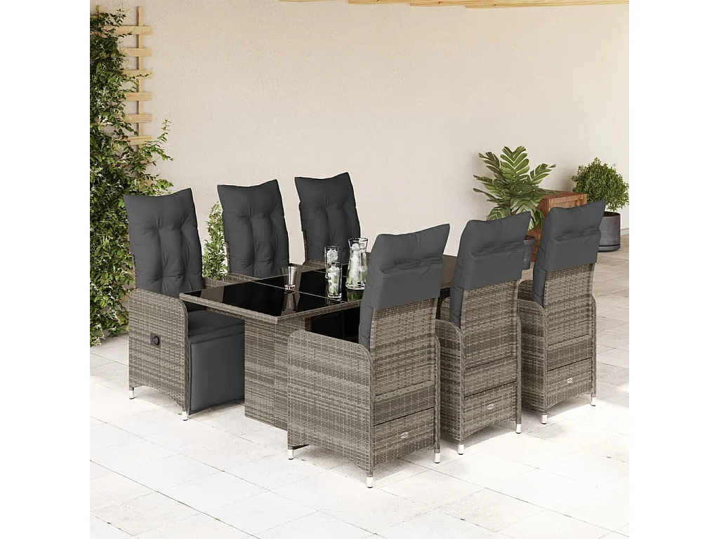 Ensemble de bistro de jardin 7 pcs coussins gris poly rotin