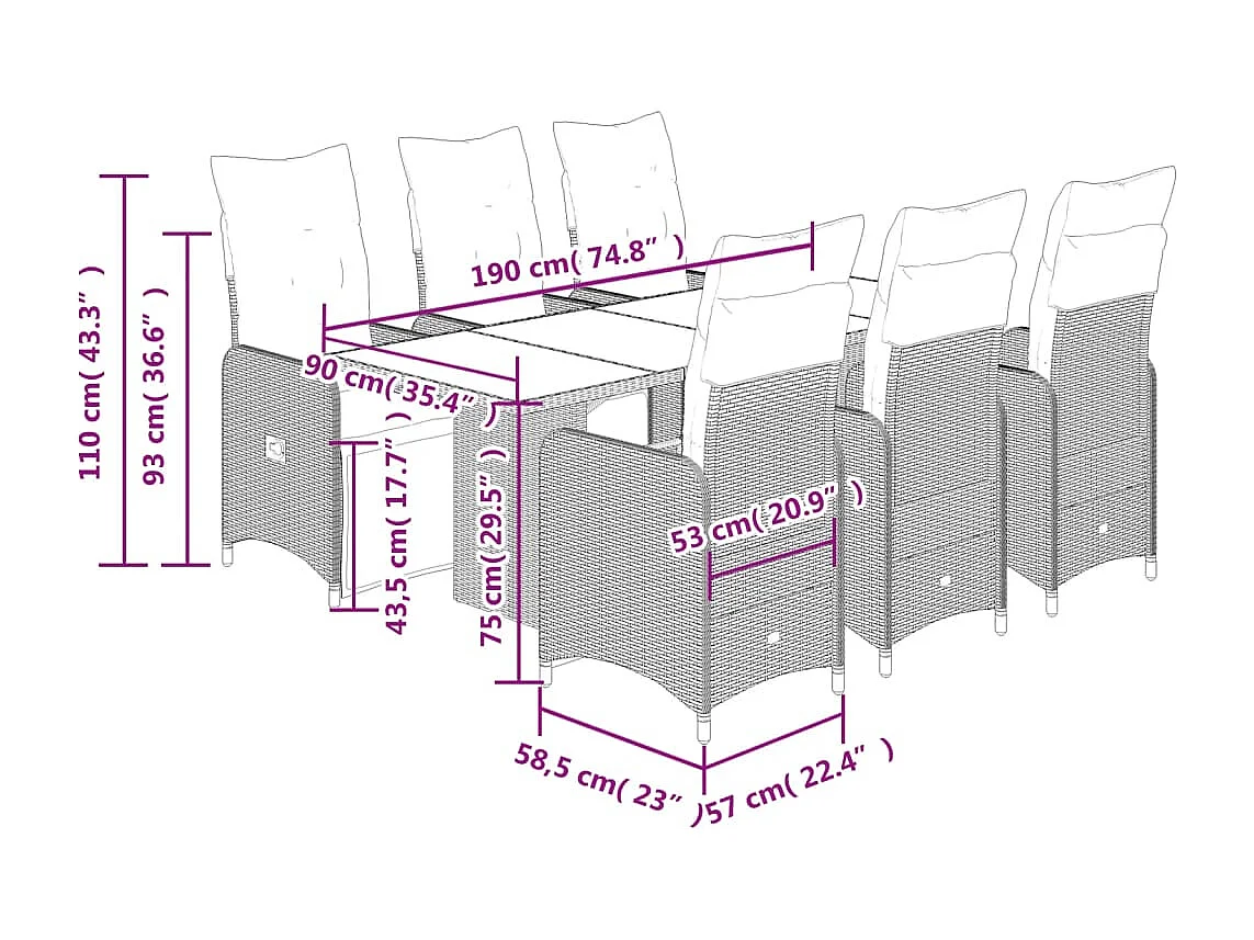 Ensemble de bistro de jardin 7 pcs coussins gris poly rotin