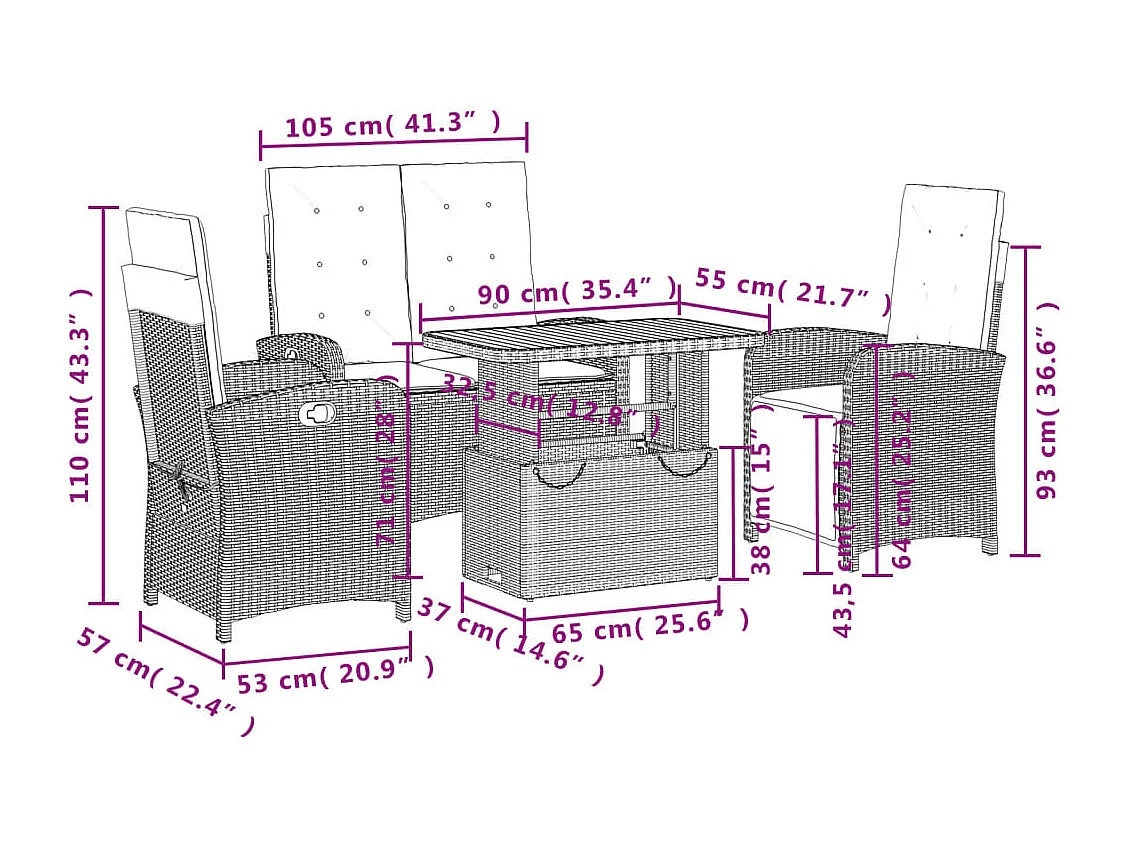 Ensemble à manger jardin 4pcs et coussins Gris Résine tressée
