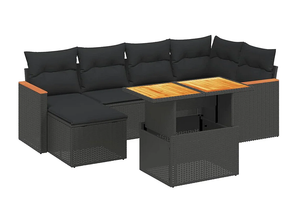 7-tlg. Garten-Sofagarnitur mit Kissen Schwarz Poly Rattan