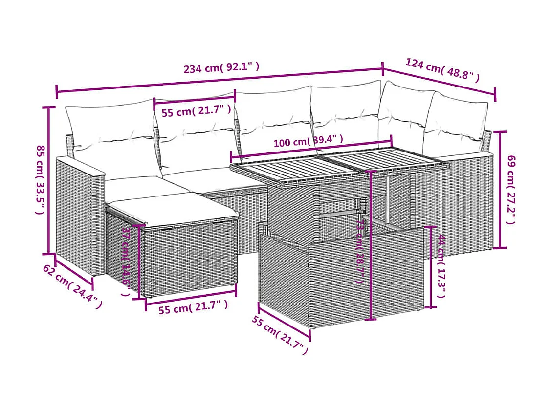 7-tlg. Garten-Sofagarnitur mit Kissen Schwarz Poly Rattan