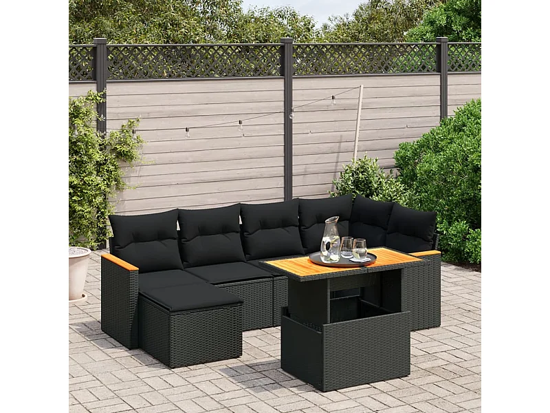7-tlg. Garten-Sofagarnitur mit Kissen Schwarz Poly Rattan