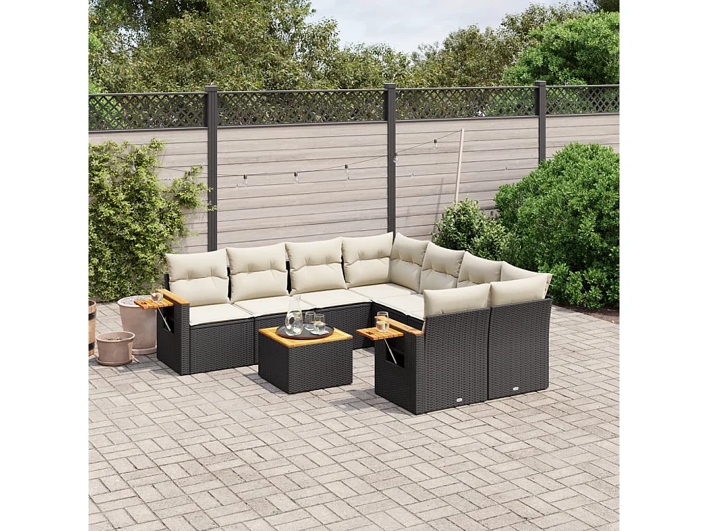 9-tlg. Garten-Sofagarnitur mit Kissen Schwarz Poly Rattan