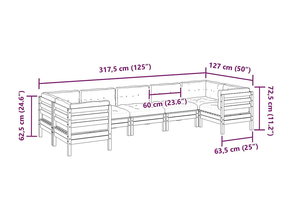 Salon de jardin 7 pcs avec coussins cire marron bois pin massif