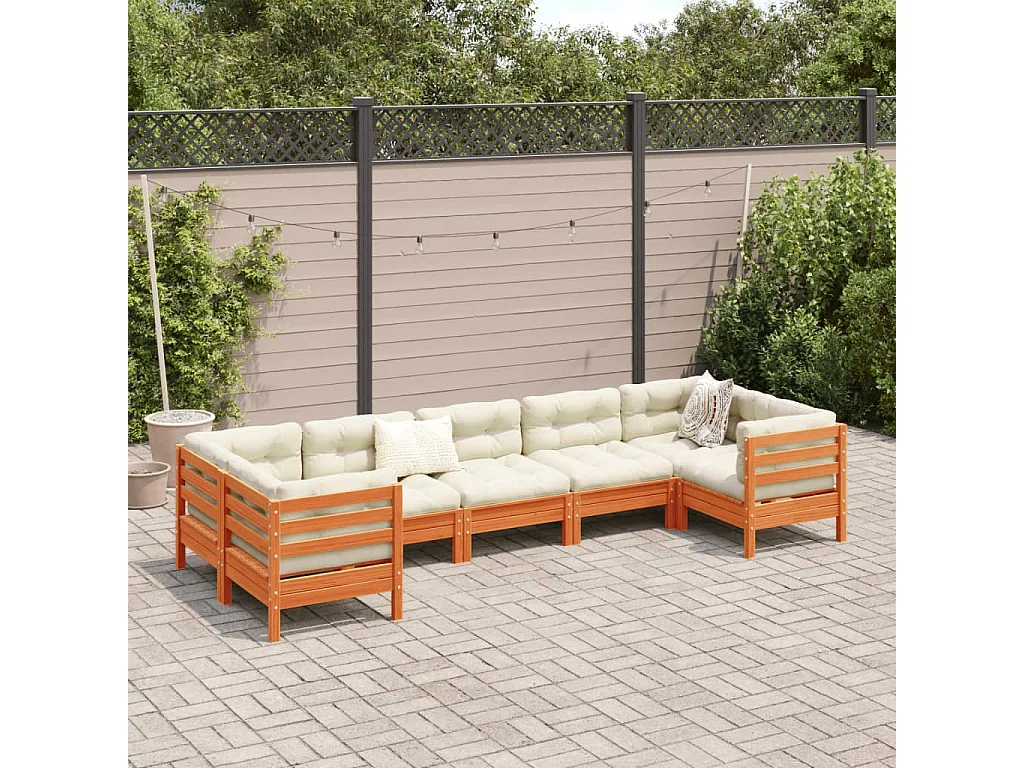 Salon de jardin 7 pcs avec coussins cire marron bois pin massif
