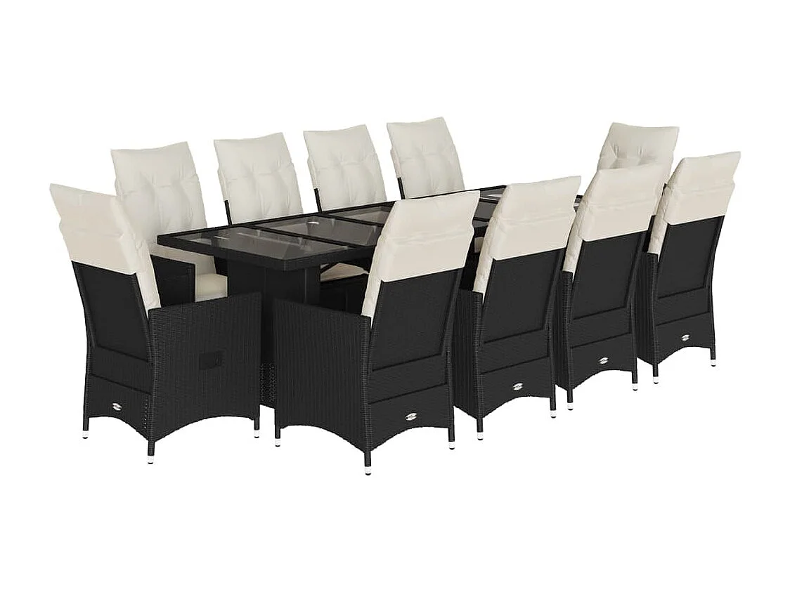 Set de mesa y sillas de jardín 11 pzas y cojines ratán PE negro
