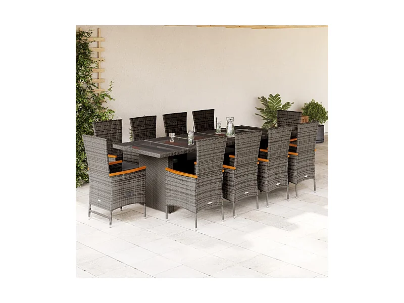 Set da Pranzo da Giardino 11pz con Cuscini in Polyrattan Grigio