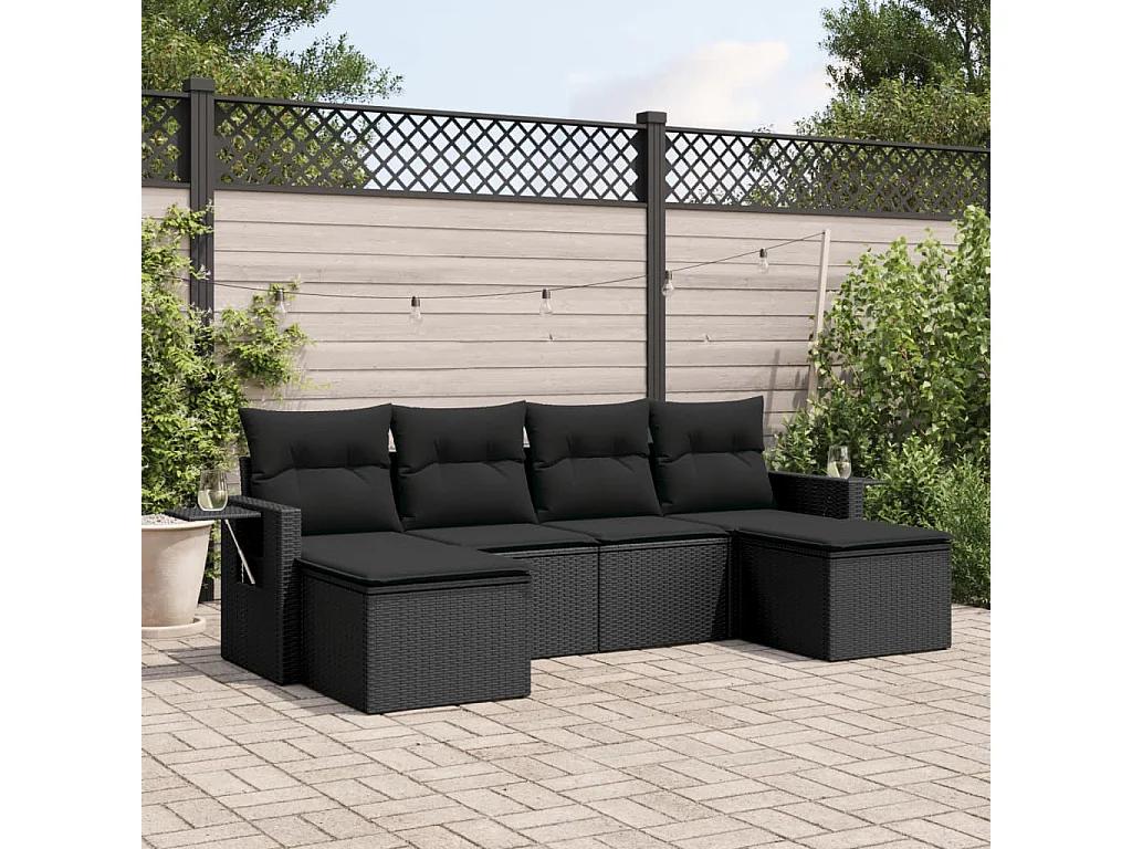 6 pcs conjunto sofás de jardim c/ almofadões vime PE preto
