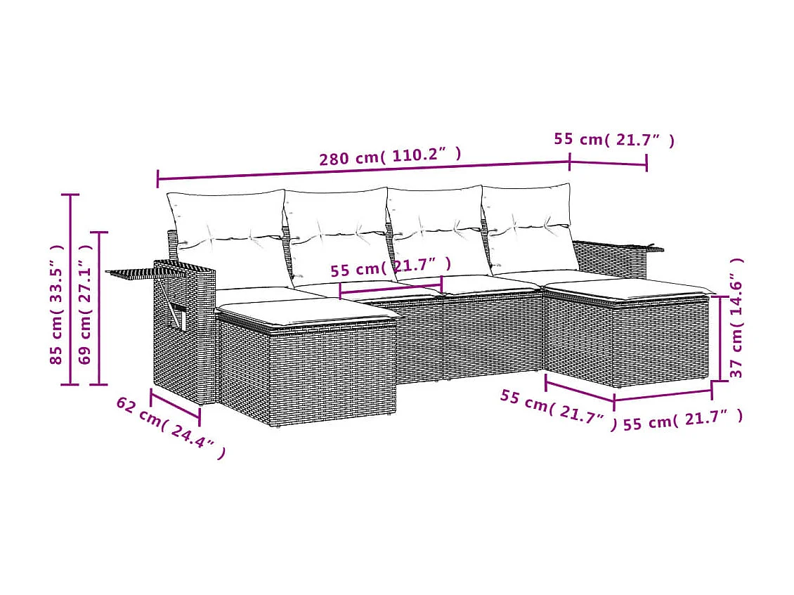 6 pcs conjunto sofás de jardim c/ almofadões vime PE preto