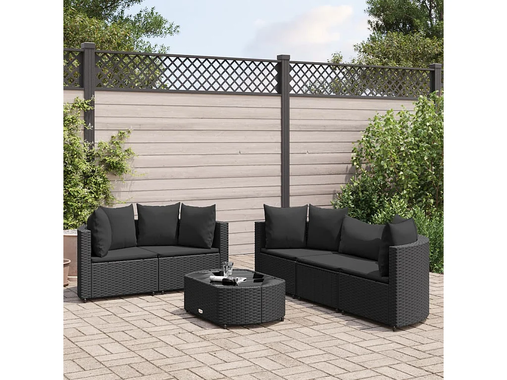 6 pcs conjunto sofás de jardim c/ almofadões vime PE preto