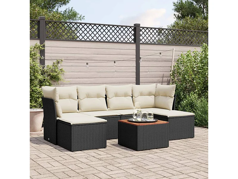 7-tlg. Garten-Sofagarnitur mit Kissen Schwarz Poly Rattan