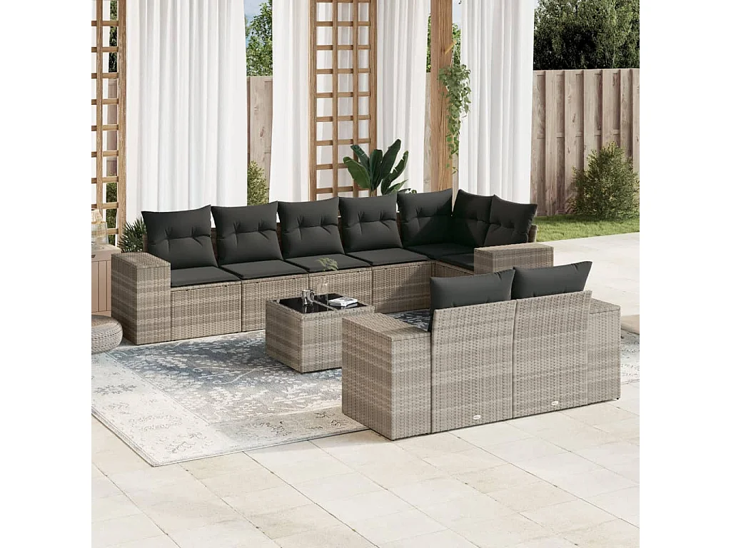 Salon de jardin 9 pcs avec coussins gris clair résine tressée
