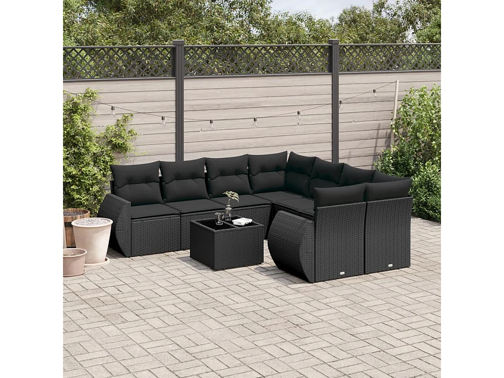 Salon de jardin 9 pcs avec coussins noir résine tressée