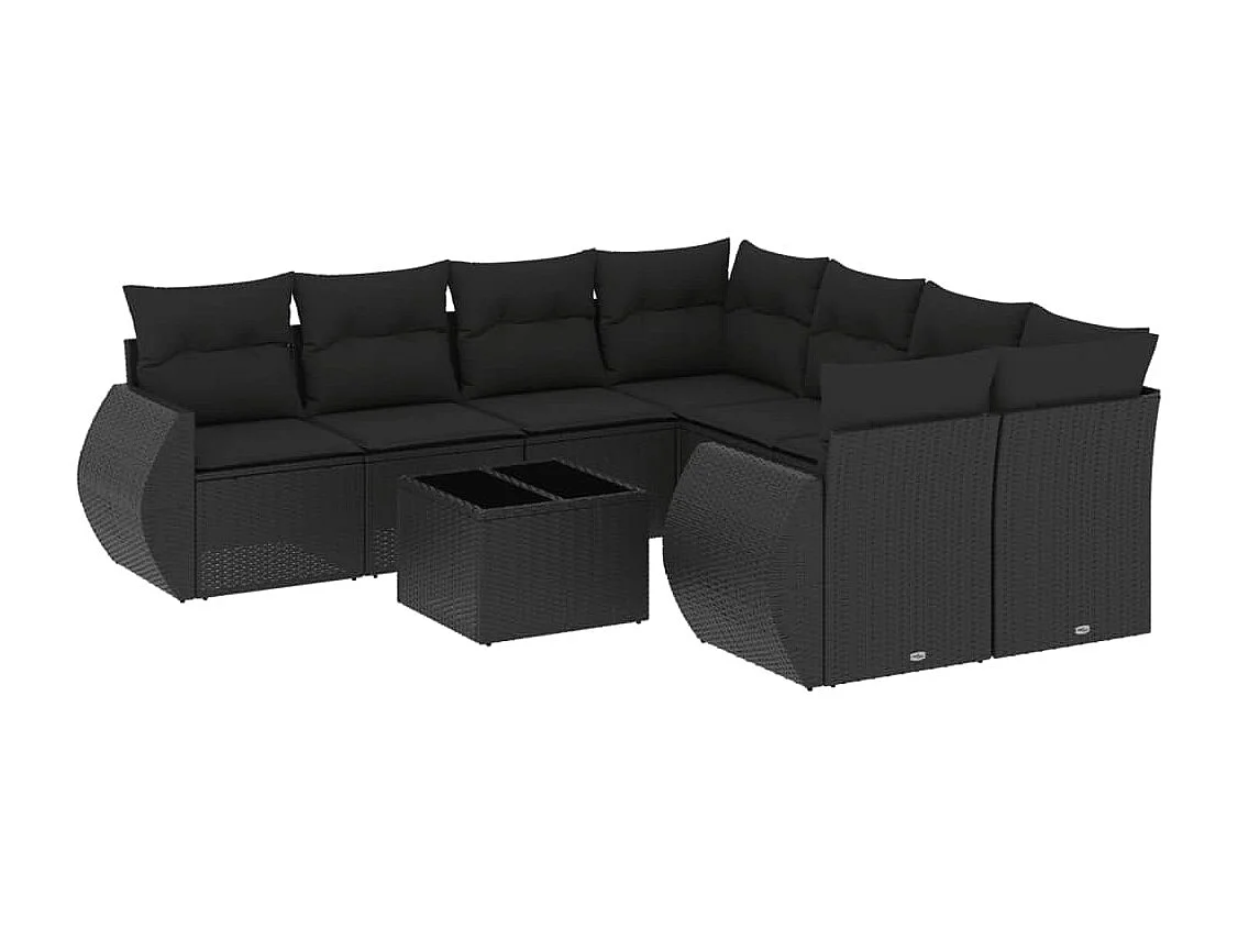 Salon de jardin 9 pcs avec coussins noir résine tressée