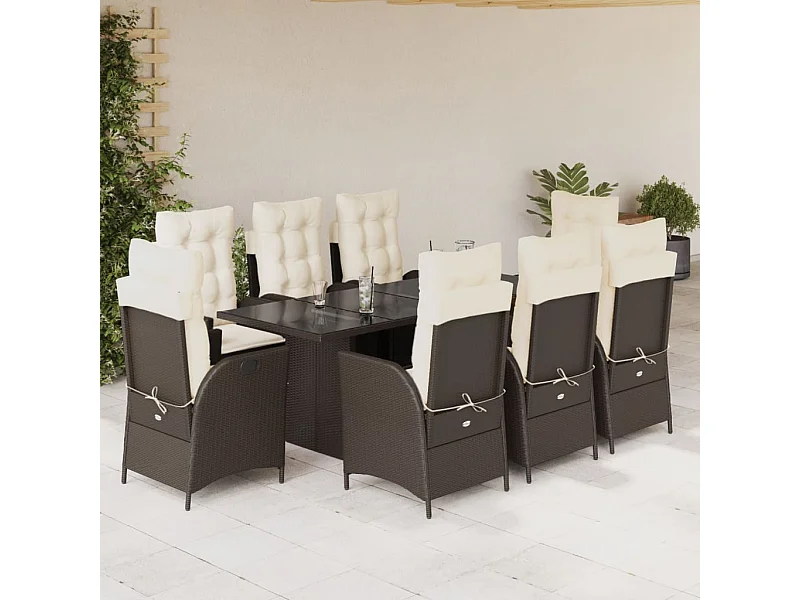 Ensemble à manger de jardin et coussins 9 pcs marron poly rotin
