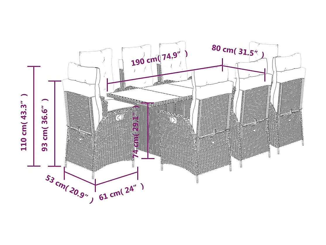 Ensemble à manger de jardin et coussins 9 pcs marron poly rotin