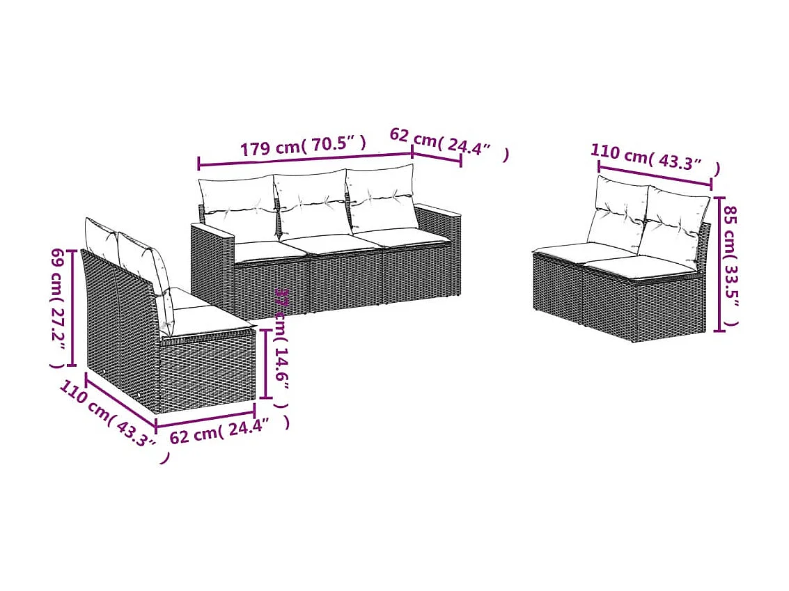 7-tlg. Garten-Sofagarnitur mit Kissen Schwarz Poly Rattan