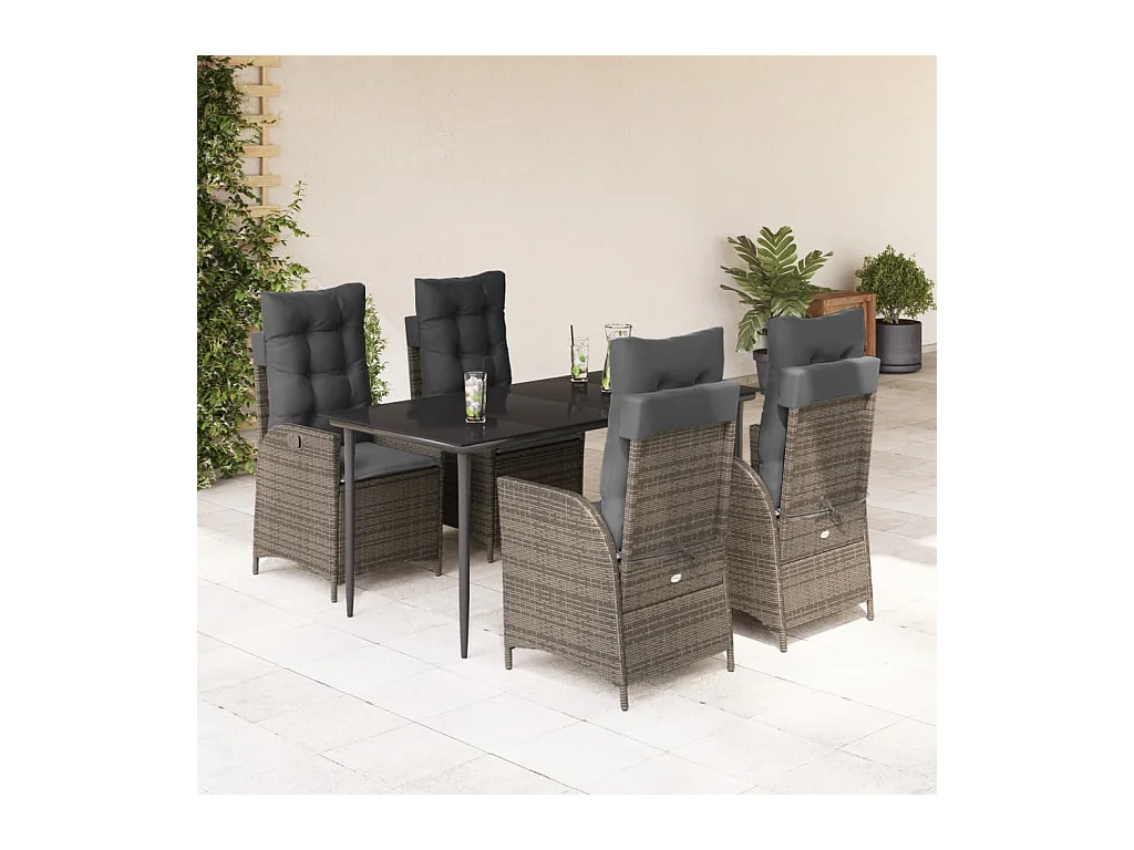 5-tlg. Garten-Essgruppe mit Kissen Grau Poly Rattan