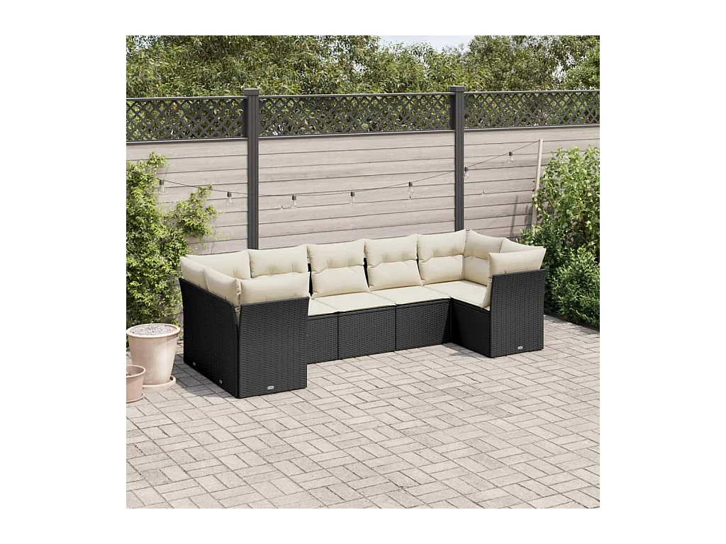 Salon de jardin 7 pcs avec coussins noir résine tressée