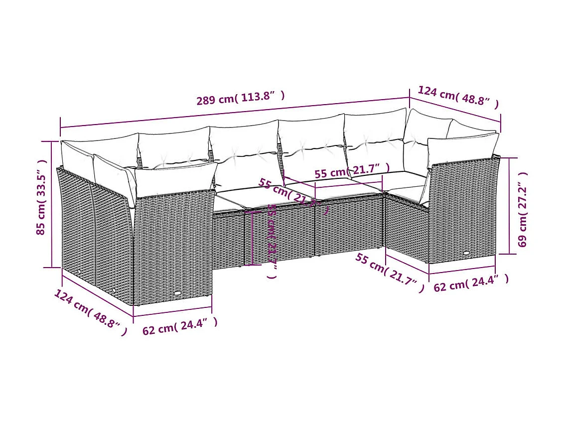 Salon de jardin 7 pcs avec coussins noir résine tressée