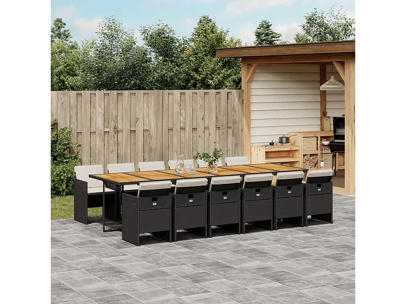 Set da Pranzo da Giardino 13pz con Cuscini Nero in Polyrattan
