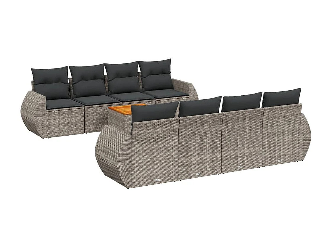 9-tlg. Garten-Sofagarnitur mit Kissen Grau Poly Rattan