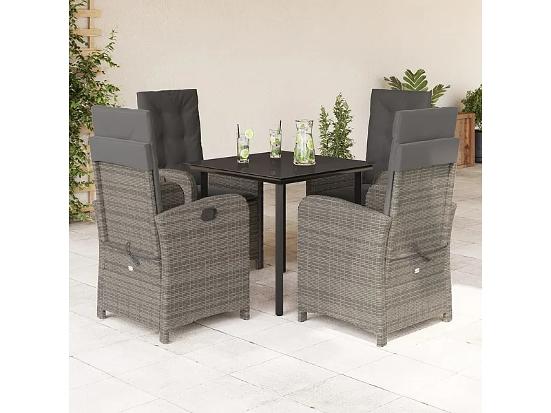 Set comedor de jardín 5 piezas con cojines ratán sintético gris