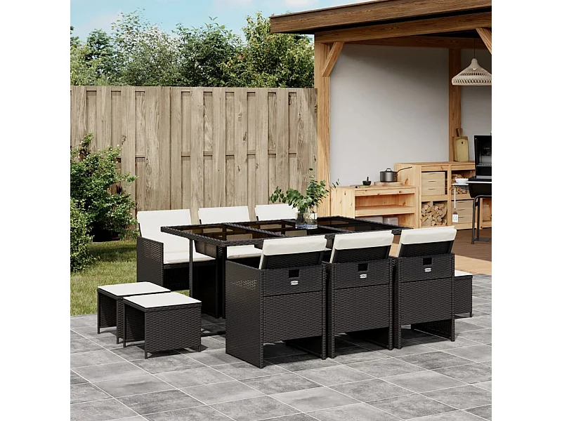 11-tlg. Garten-Essgruppe mit Kissen Schwarz Poly Rattan