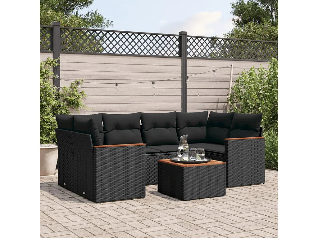 7-tlg. Garten-Sofagarnitur mit Kissen Schwarz Poly Rattan